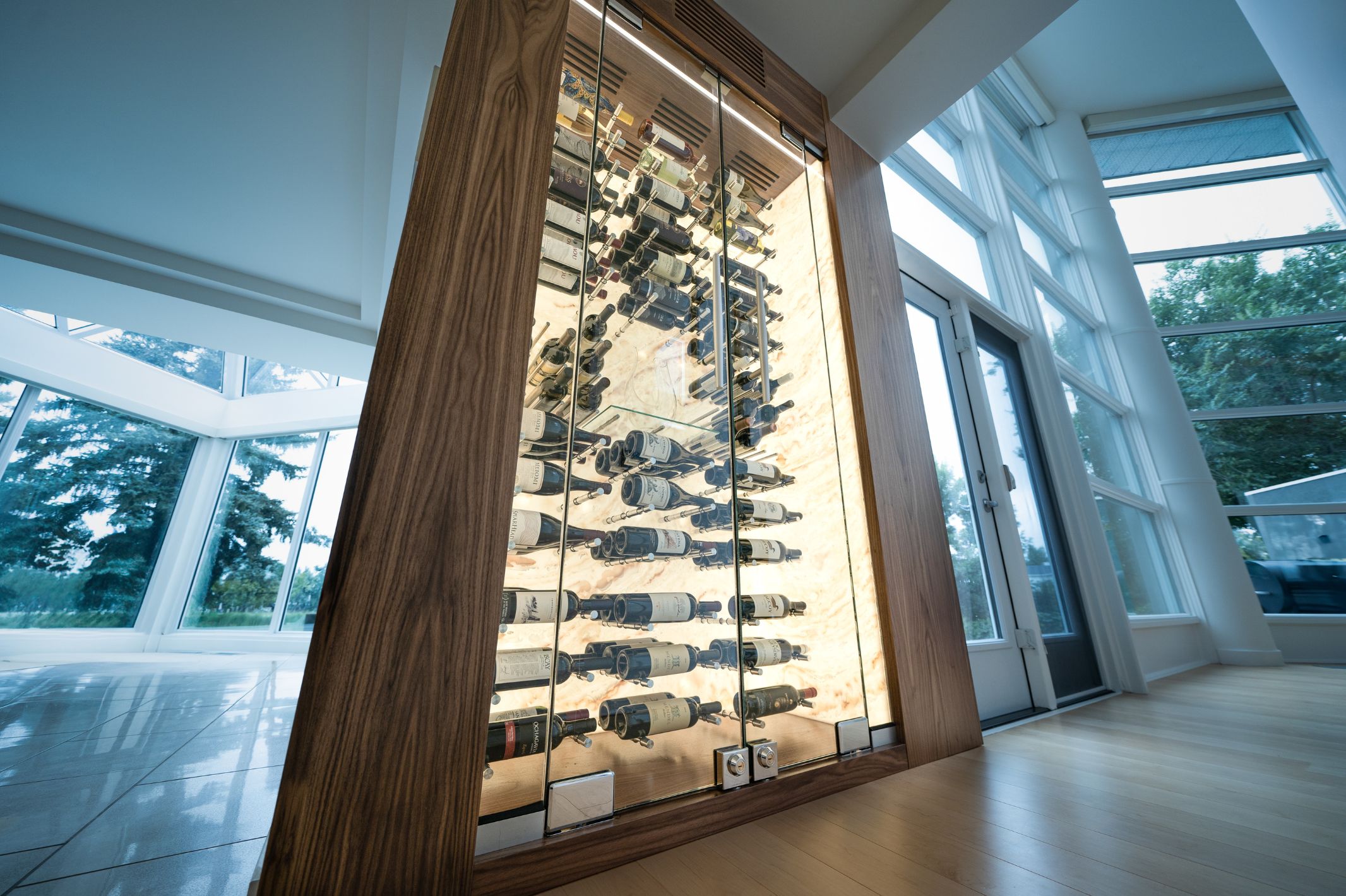 wine cabinet with label forward wine bottles