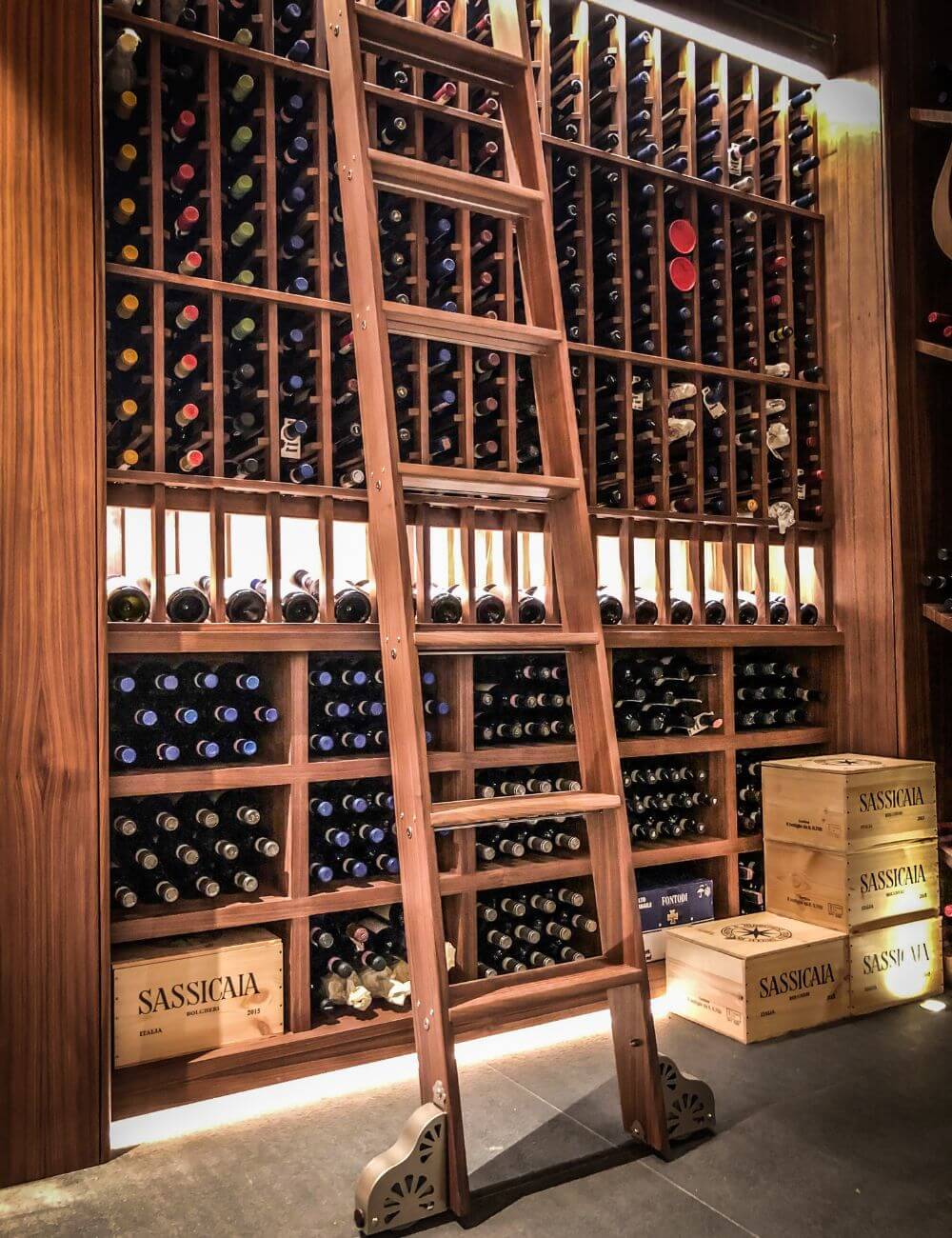 Sommelier Select wood wine racks with rolling ladder - Genuwine Cellars